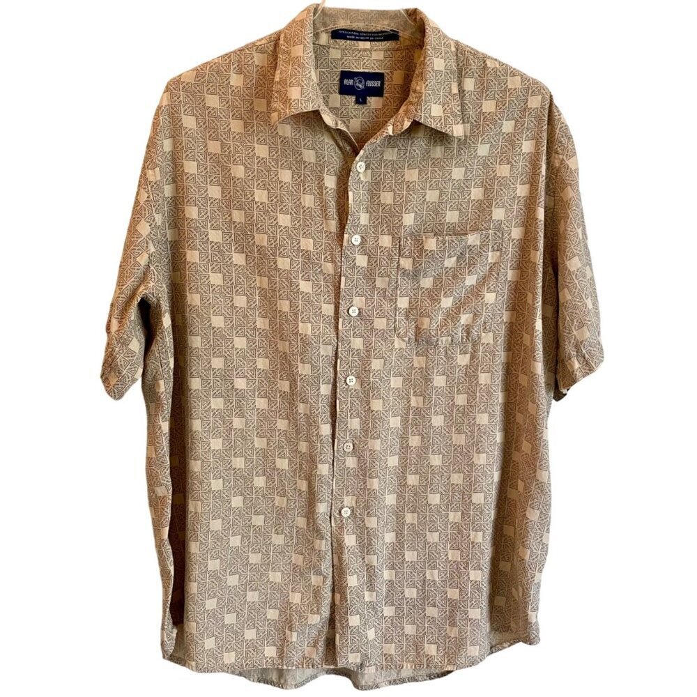 Alan Flusser Short Sleeve Silk Blend Button Down Shirt Geometric Size Large